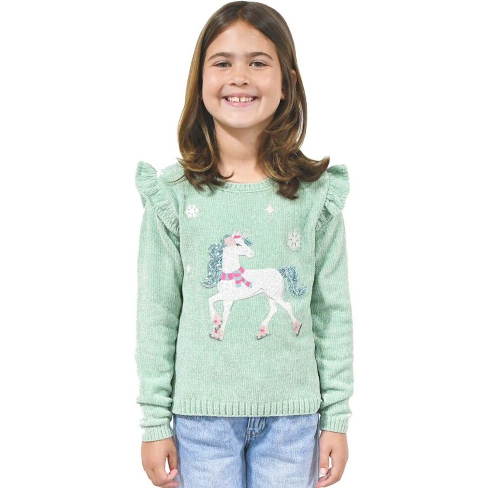 ZUNIE Girls Sz Large (10-12) Embellished Sequined Unicorn Green Soft Sweater NEW